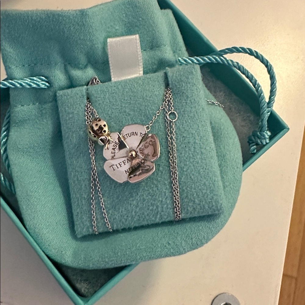 Tiffany & Co SS YG Retired Lovebugs Flower & Ladybug Pendant Necklace 16-18"
